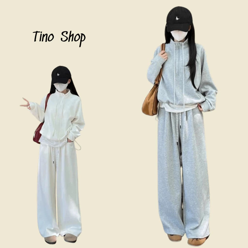 Set bộ nỉ nữ form rộng, áo sweater cổ cao khóa kéo dáng croptop kèm quần ống suông Tino basic phong cách Hàn Quốc