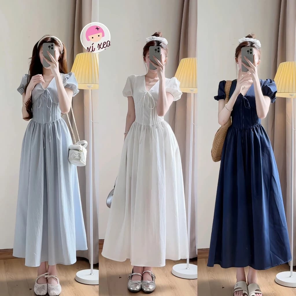 Váy cổ V dáng dài tay phồng phong cách tiểu thư hàn quốc  xixeoshop-V99