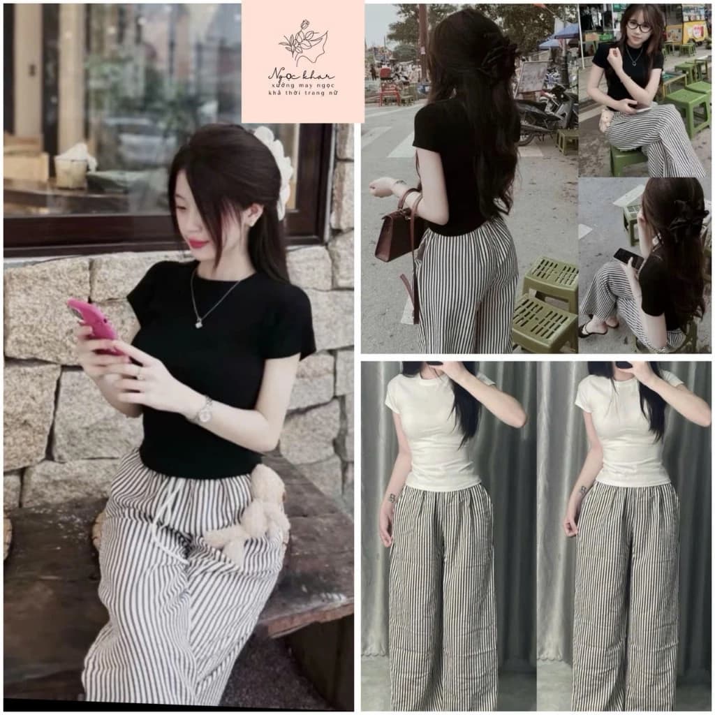 Sét bộ áo thun chất thun tăm kèm quần dài SÉT BỘ siêu xinh phong cách Hàn Quốc