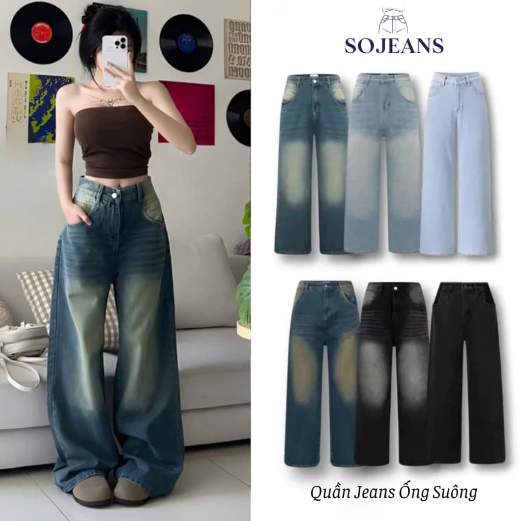 Quần Jeans SOJEANS Ống Rộng Suông Uniex Cạp Cao Tôn Dáng Wash 3 Màu Cao Cấp, Quần Bò Jeans Ống Suông From Rộng Nam Nữ