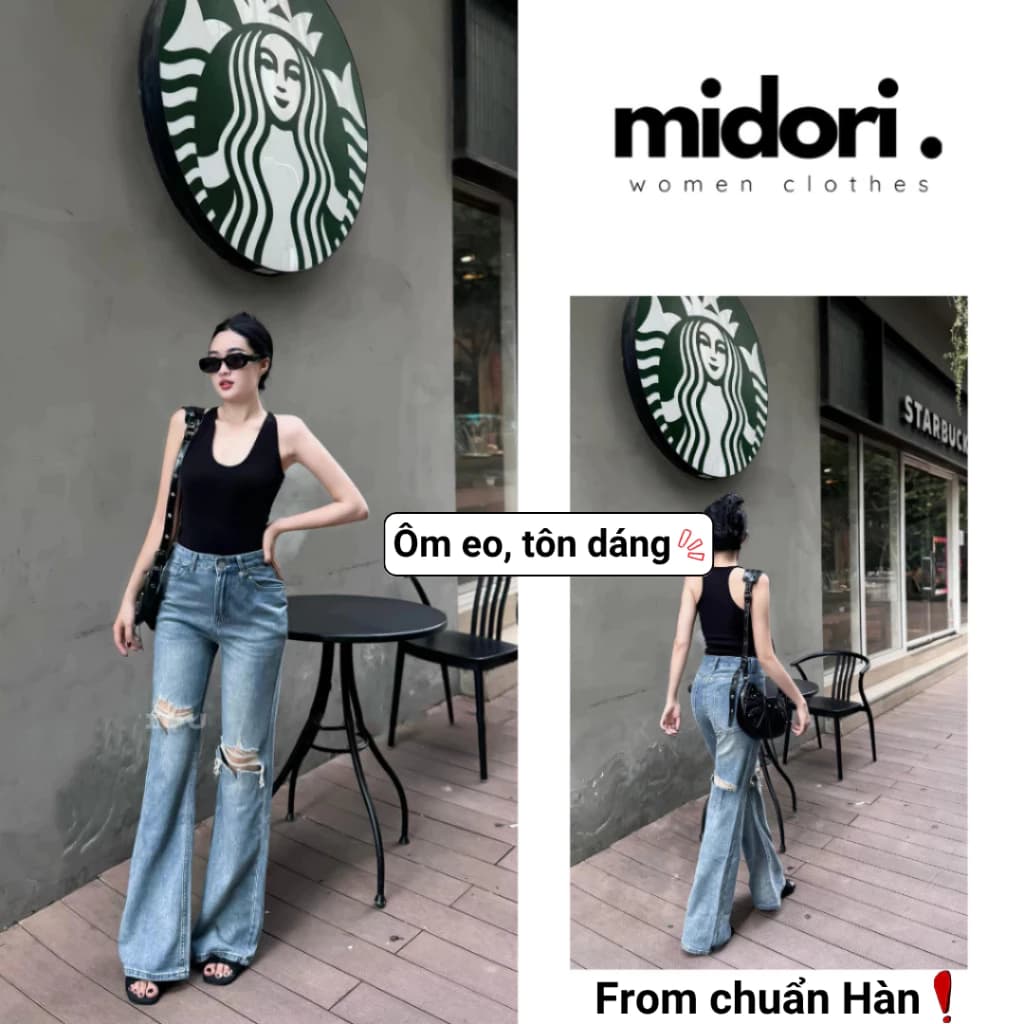 Quần jean nữ ống loe rách gối lưng cao hack dáng from Hàn cá tính, Quần jeans đi chơi S084