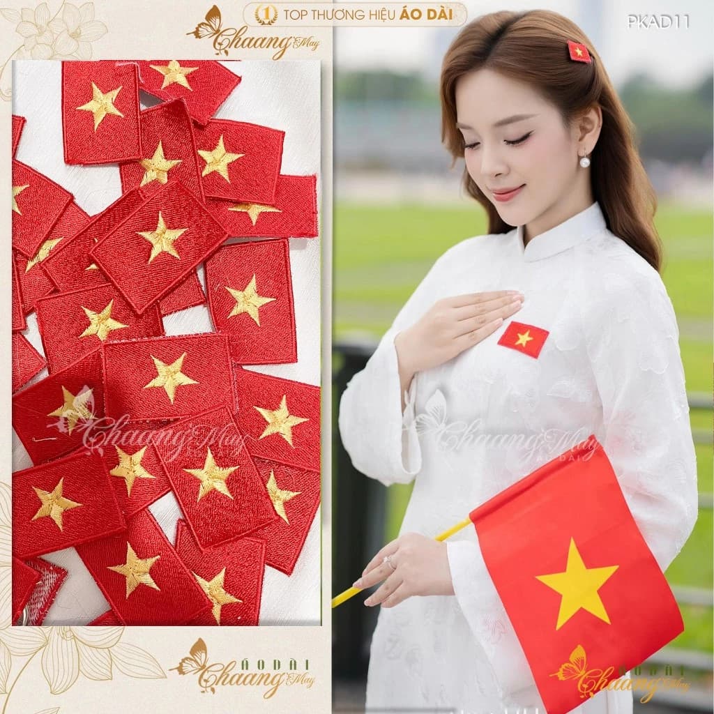 Lá cờ đỏ sao vàng tổ quốc Việt Nam thêu sẵn để đính lên quần áo dài cách tân nữ truyền thống nhiều kích thước PKAD11