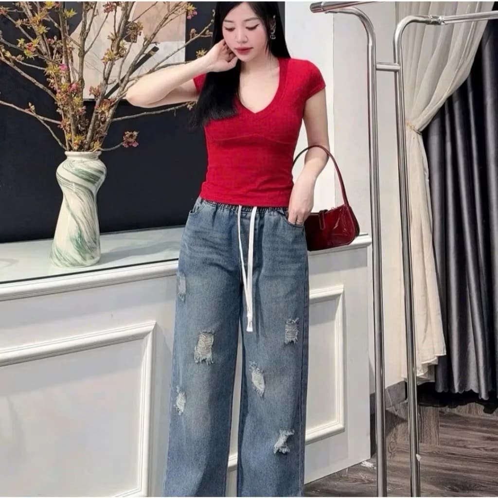 Quần jean xuông nấm rách dài 90-95cm chất dày mềm mặc 4 mùa (Rách)