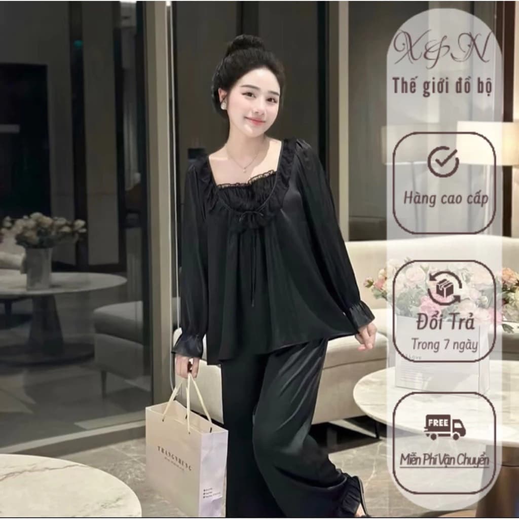 Bộ ngủ lụa tiểu thư cổ U Chun tay  mặc nhà sz từ 40-75kg