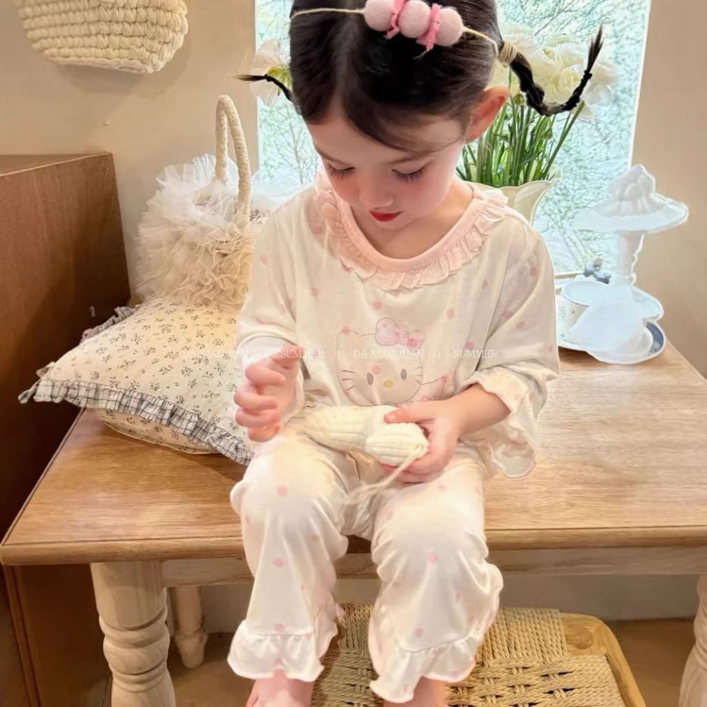 quần áo trẻ em, bộ dài tay thu đông cho bé chất cotton lạnh mềm mịn cho bé gái tay bèo quần xuông bèo