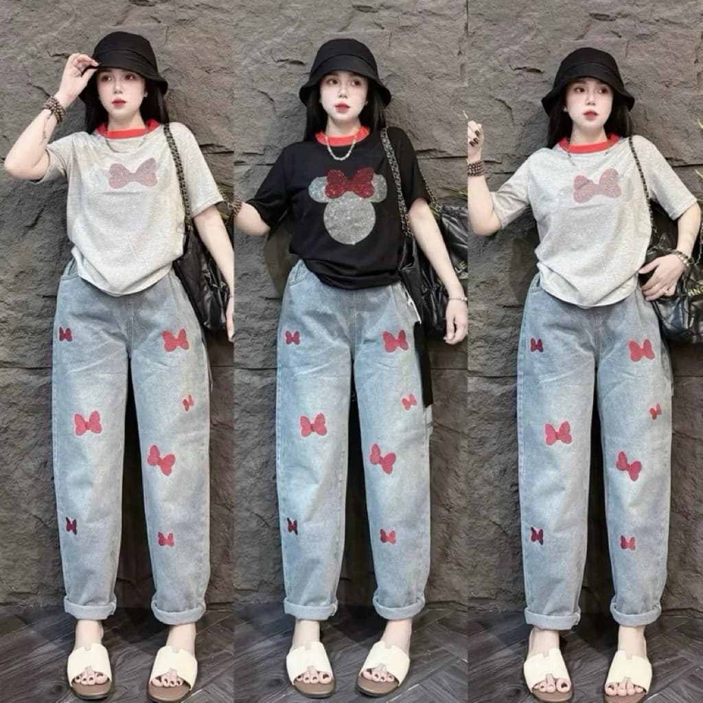 [Màu Mới] Quần Jean Nữ Dáng Baggy lưng thun Hoạ Tiết Thêu Nơ Chất Jean Bò Mềm Phong Cách Trẻ Trung Cá Tính