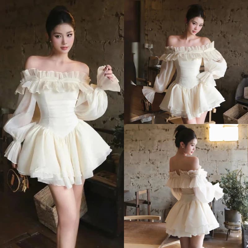 [TẶNG QUẦN/ SẴN] Đầm Váy Trễ Vai Dài Tay Bồng Xòe Đính Ngọc Tiểu Thư Công Chúa Siêu Xinh MS101
