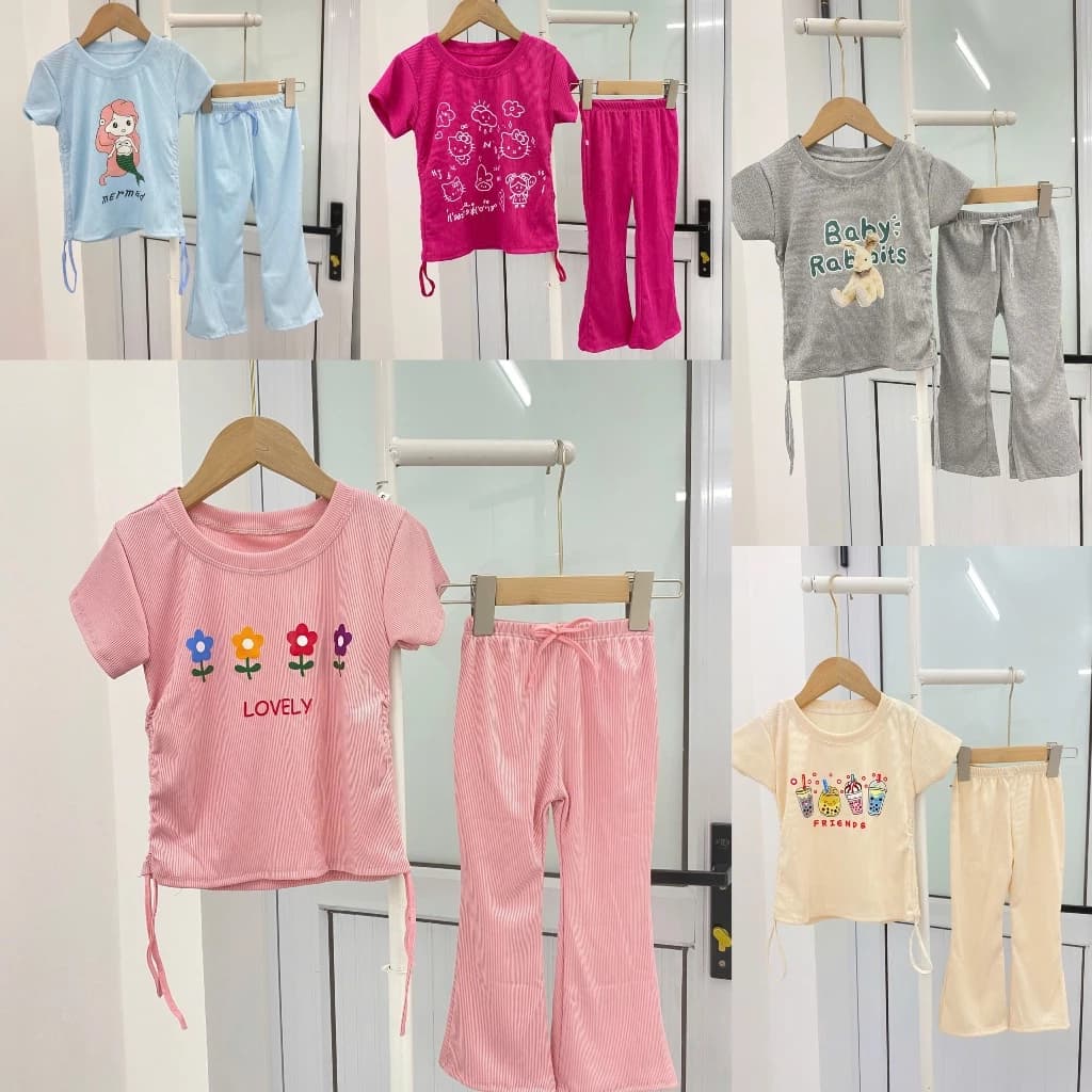 Bộ quần loe chun eo, vải thun tăm co dãn cho bé gái, 5 màu, size 12-26 kg