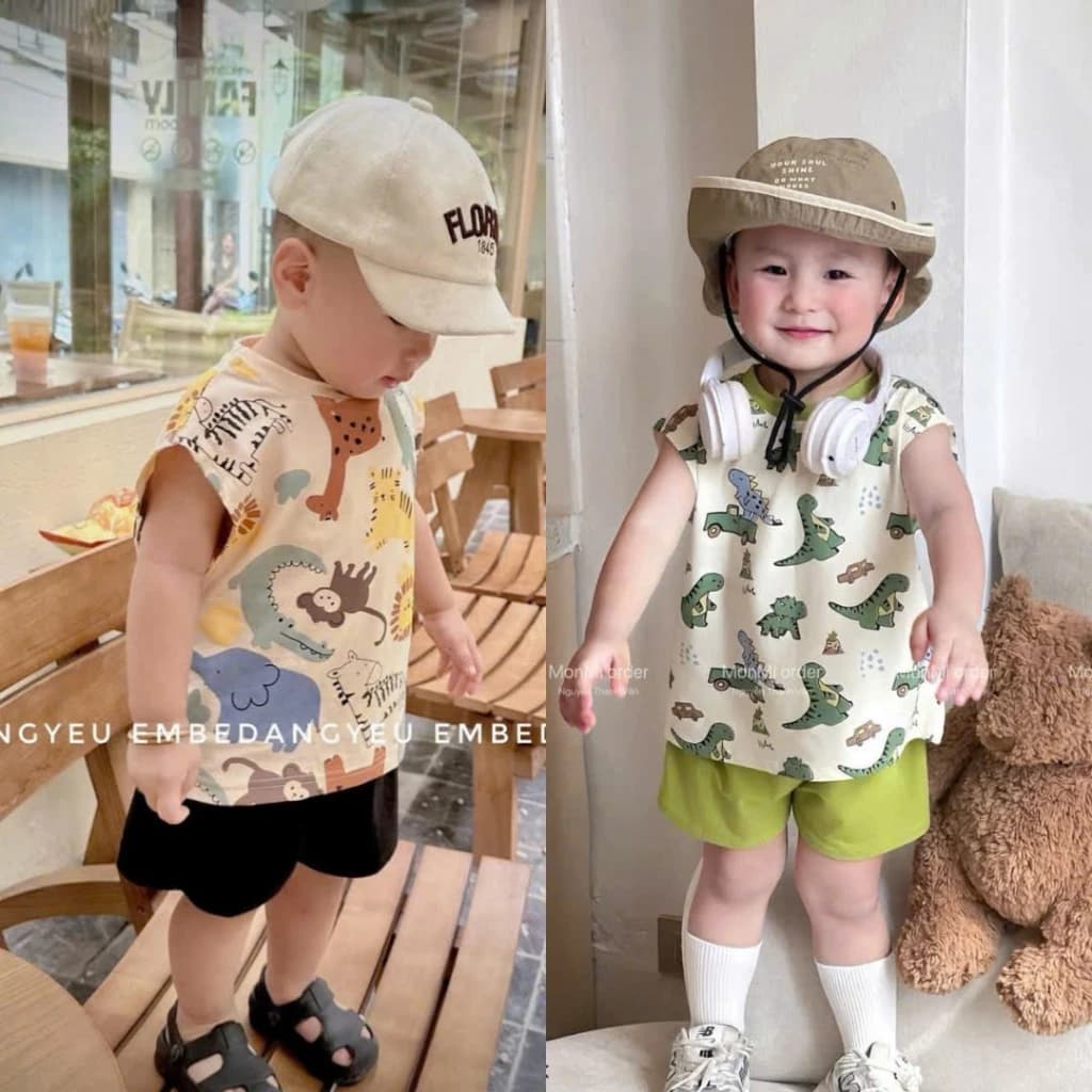 Bộ Ba Lỗ Đáng Yêu Cho Bé Họa Tiết In Tràn Động Vật Mix Màu Dễ Thương Size 8-20kg