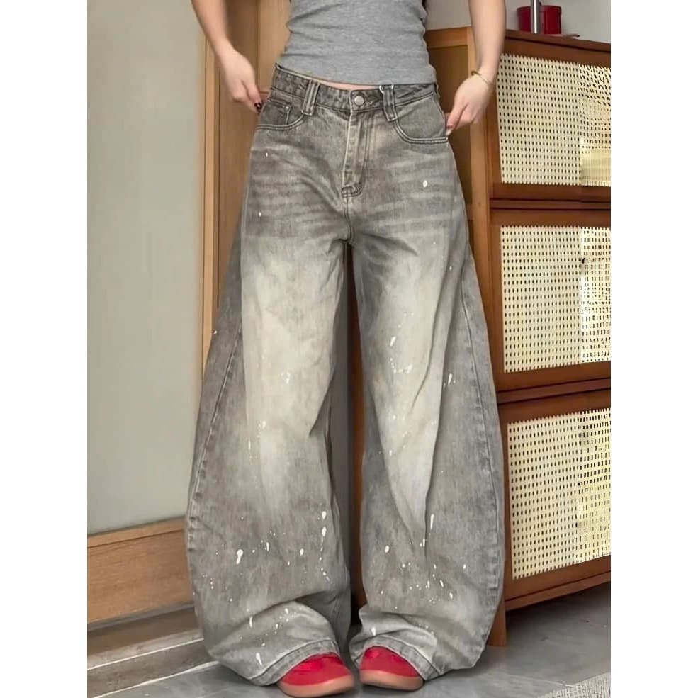 [DEAL MỞ BÁN] Quần Jean Nữ Baggy Ống Rộng Wash Xước Vết Sơn Vintage