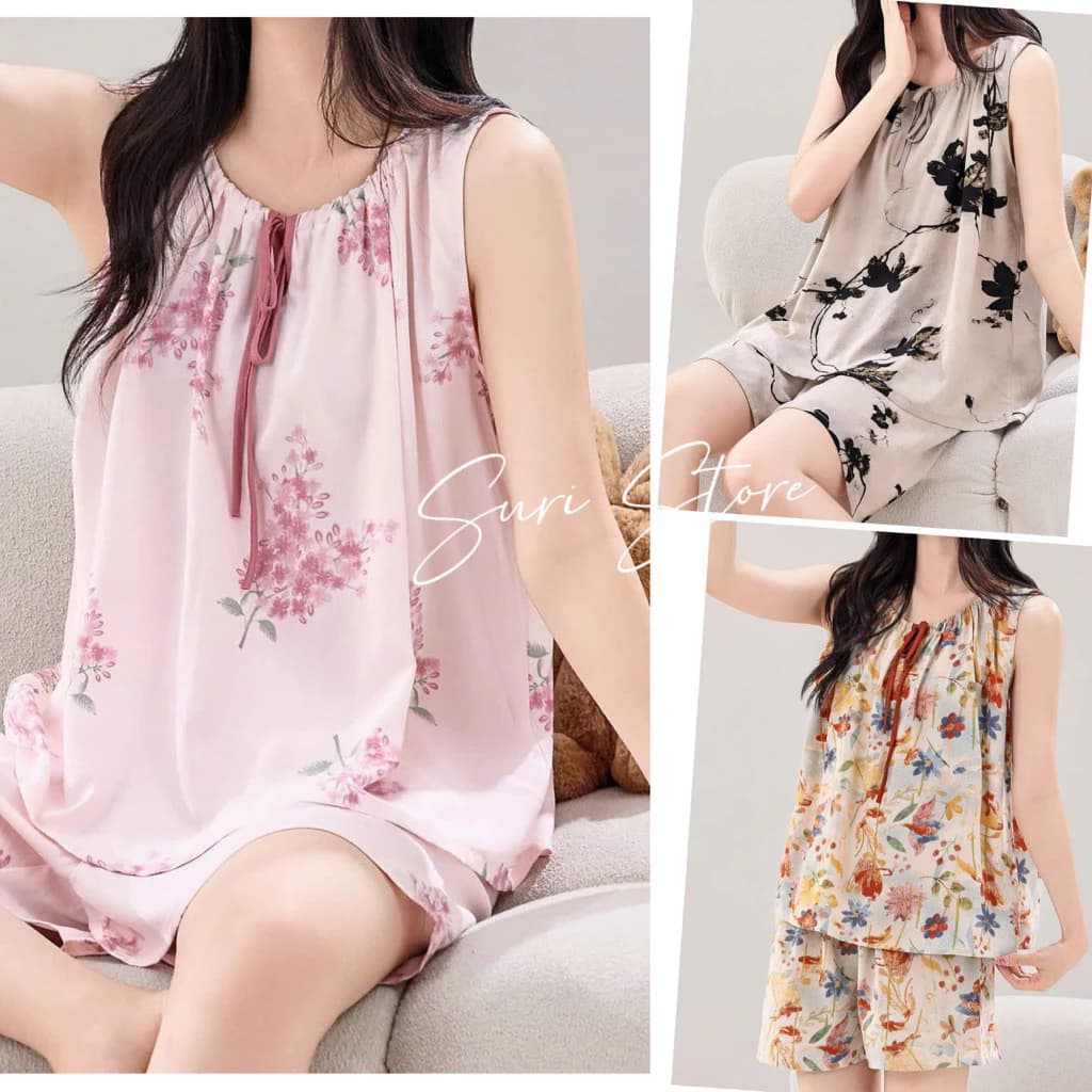 Bộ ngủ lanh tole mặc ở nhà dành cho nữ, bộ áo ba lỗ và quần đùi vải lanh mềm mát, họa tiết trẻ trung, size từ 50-72kg