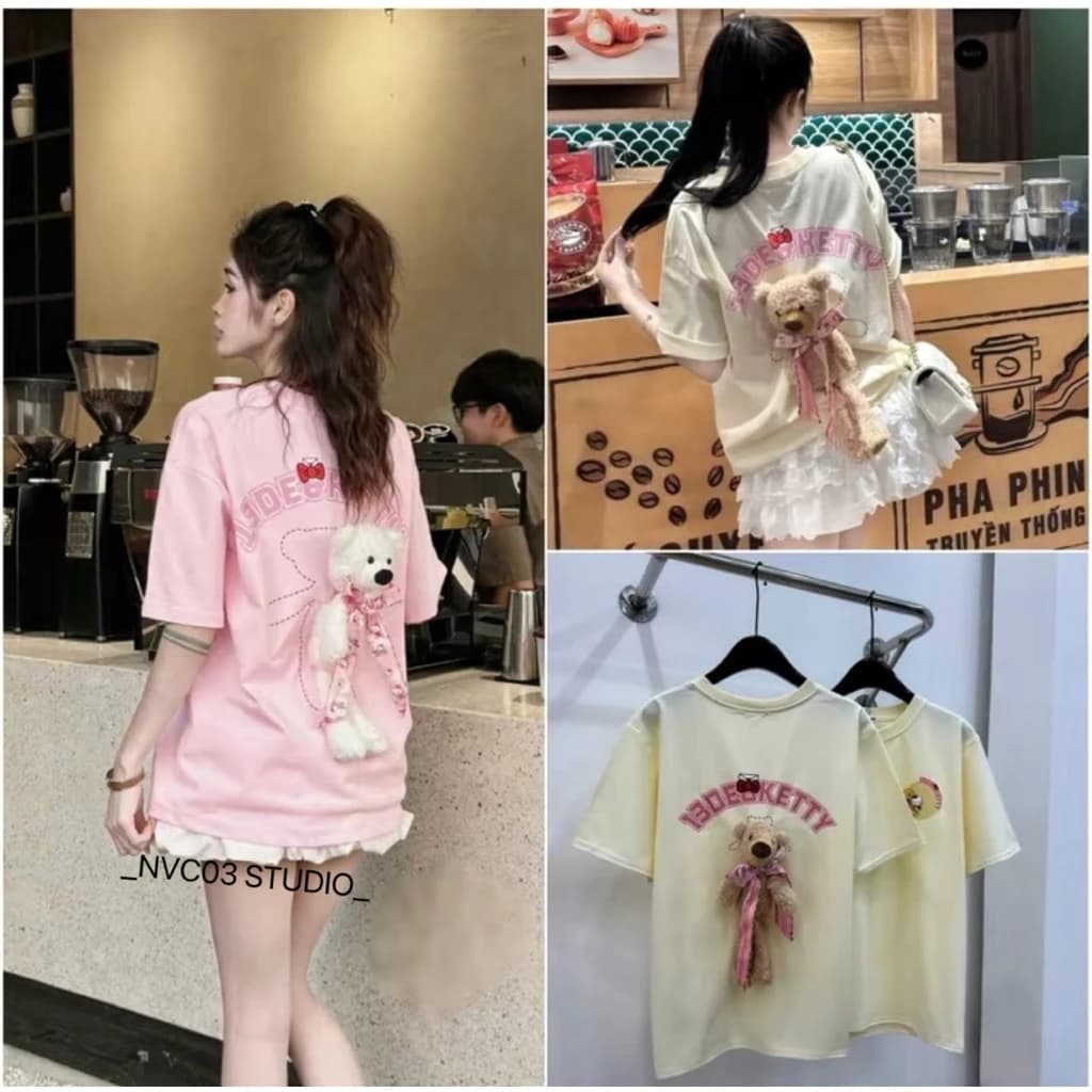 Áo phông gấu in 2 mặt mix gấu nơ xinh rời chất cotton  L1 hàng bán shop