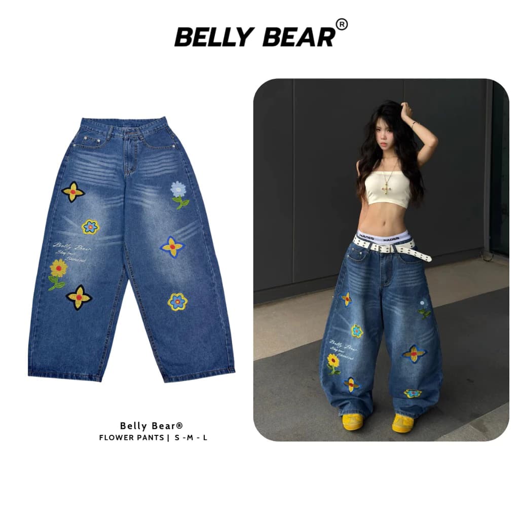 Quần Jean Ống Bí Wash Embroidery Hoạ Tiết Thêu Form Quần Ống Rộng Belly Bear