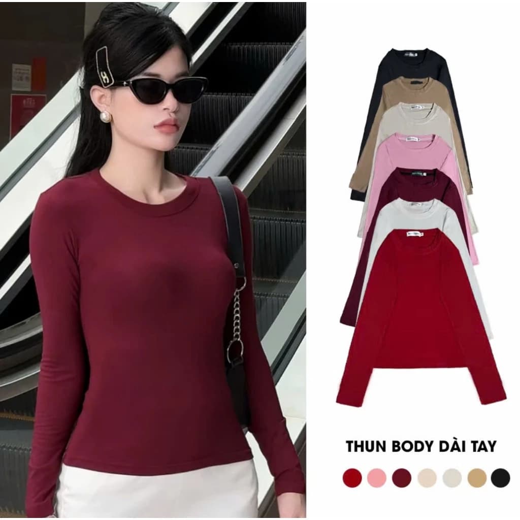 Áo thun dài tay nữ cổ tròn, áo giữ nhiệt ôm body siêu co giăn, chât cotton mịn dây nhiêu màu