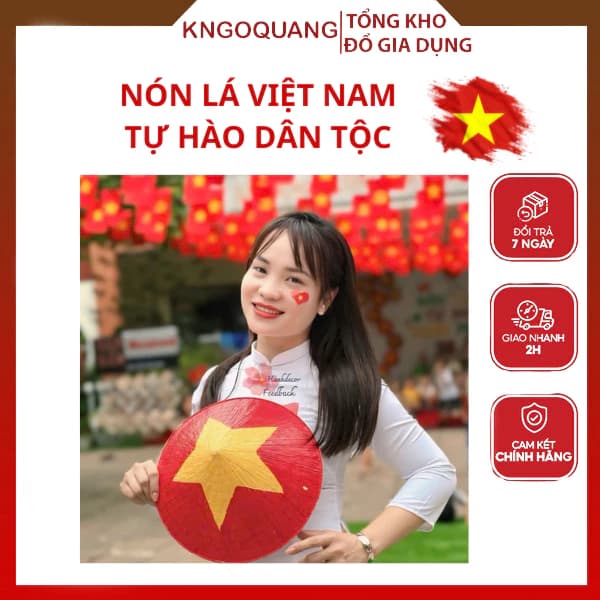 (HỎA TỐC HÀ NỘI) Nón vẽ cờ đỏ sao vàng tặng kèm dây đeo, Nón lá vẽ cờ Việt Nam