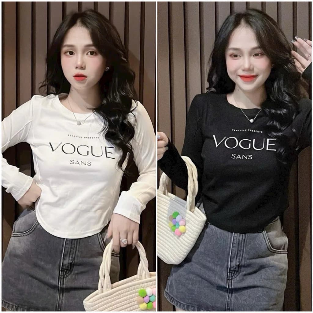 Xinh🌷 Áo thun tay dài borip thu đông chít viền thân in VOGUE tà bầu siêu xinh