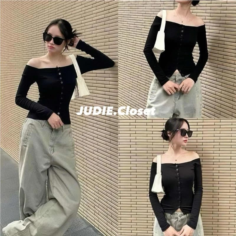 Áo Thun Dài Tay Trễ Vai Dáng Ngắn Chất Liệu Thun Zip Mềm Mịn Co Giãn Kiểu Dáng XInh Xắn Dễ Phối Đồ JUDIE.Closet