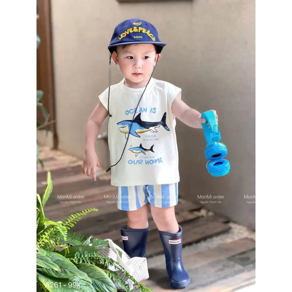 sét bộ cho bé họa tiết cá mập xanh chất liệu cotton 8-20kg