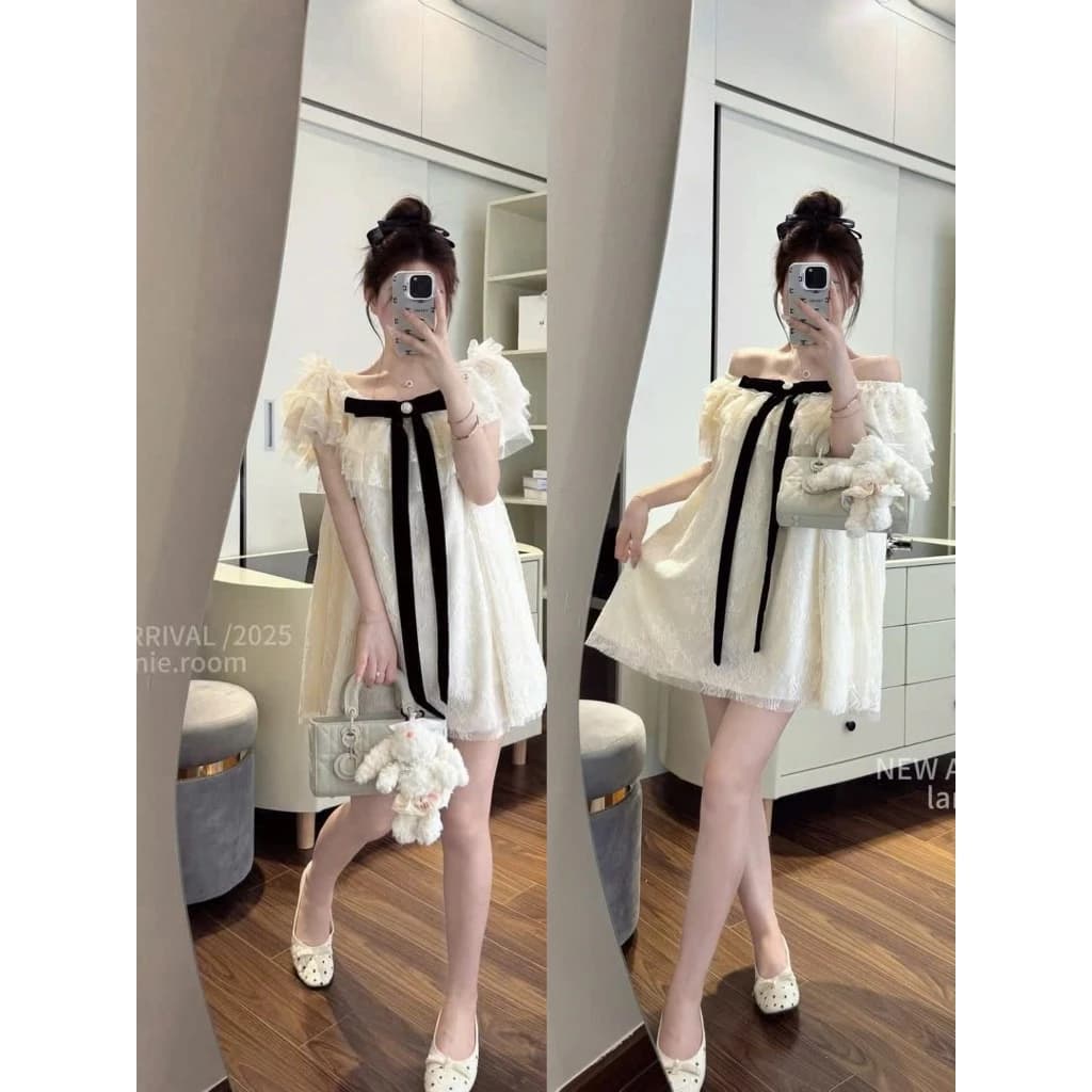 LYN- LANNIE TRỄ VAI LƯỚI TRẮNG KEM ĐINH NƠ ĐEN DÀI SANG CHẢNH, VÁY TRỄ VAI TIỂU THƯ