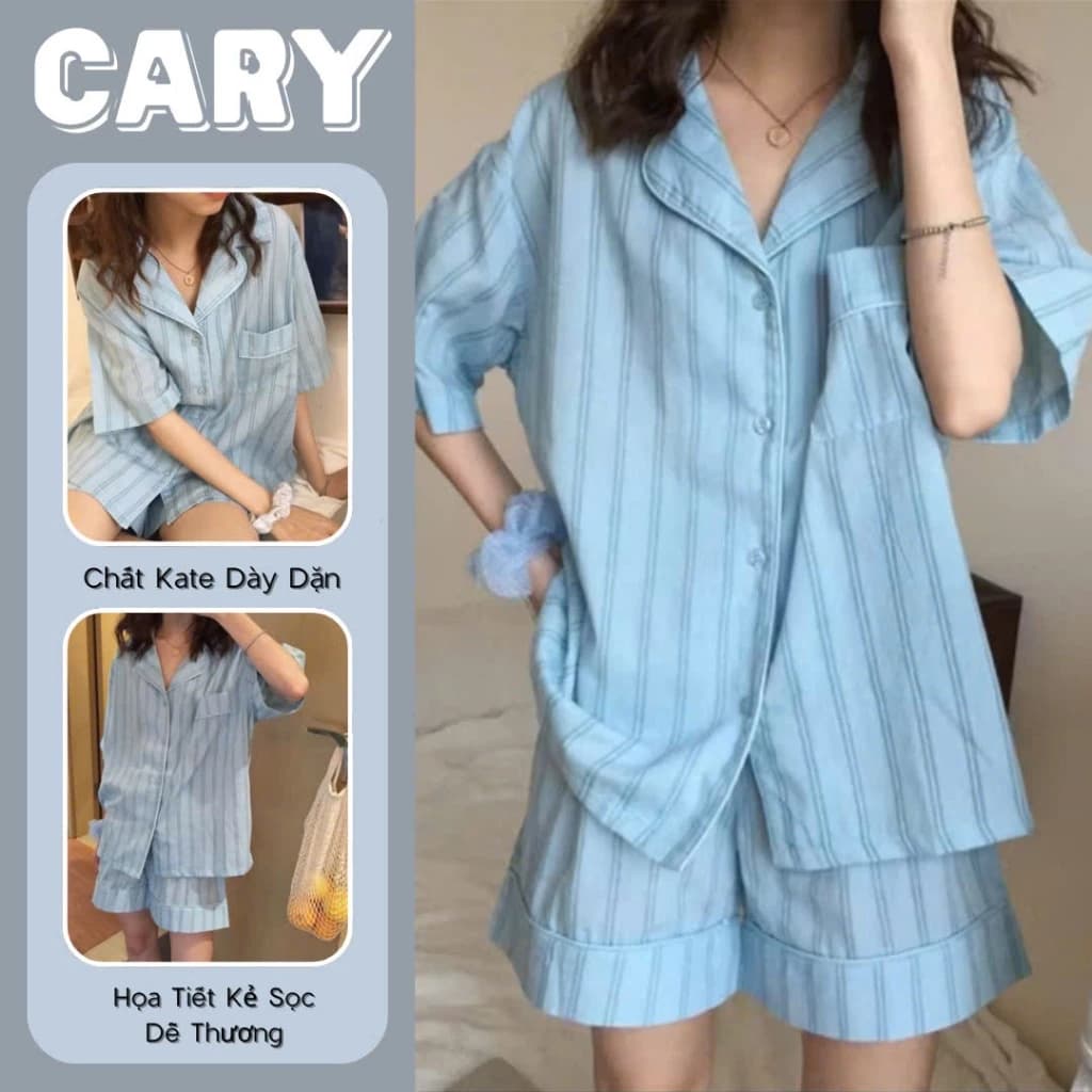 Set bộ đồ ngủ CARY họa tiết kẻ sọc dễ thương áo cộc quần đùi bộ ngủ pijama tay cộc mặc nhà cute