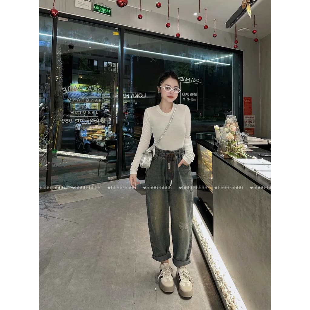 Quần Jean nữ lưng thun dáng baggy from rộng có big size 75kg