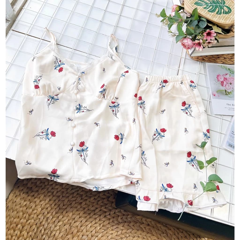 Bộ đồ ngủ nữ áo 2 dây quần ngắn hoa nhí dễ thương mặc ở nhà chất Lụa, Đũi, Tole, Lanh mềm mát ĐBTK