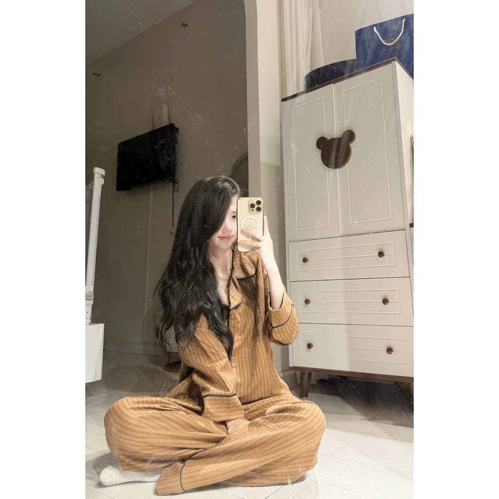 ( Ảnh thật tự chụp ) Bộ đồ ngủ pijama dài tay thu đông kẻ sọc màu vintage By Chun Wear
