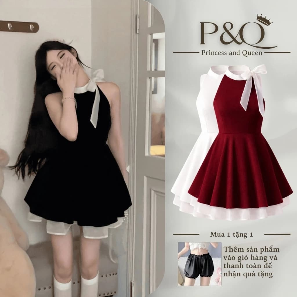 Đầm xòe mini P&Q vải goothun hai lớp cổ yếm đính nơ có bigsize | vd0037