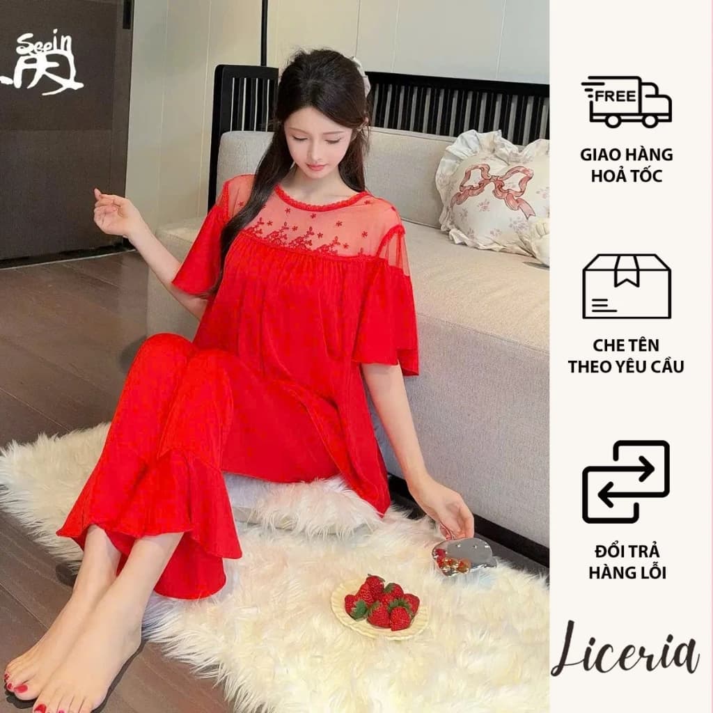Bộ Đồ Ngủ Lụa Đá LICERIA Phối Ren Lưới hàng QCCC chất Lụa Mỏng Nhẹ, Siêu Mềm Mát
