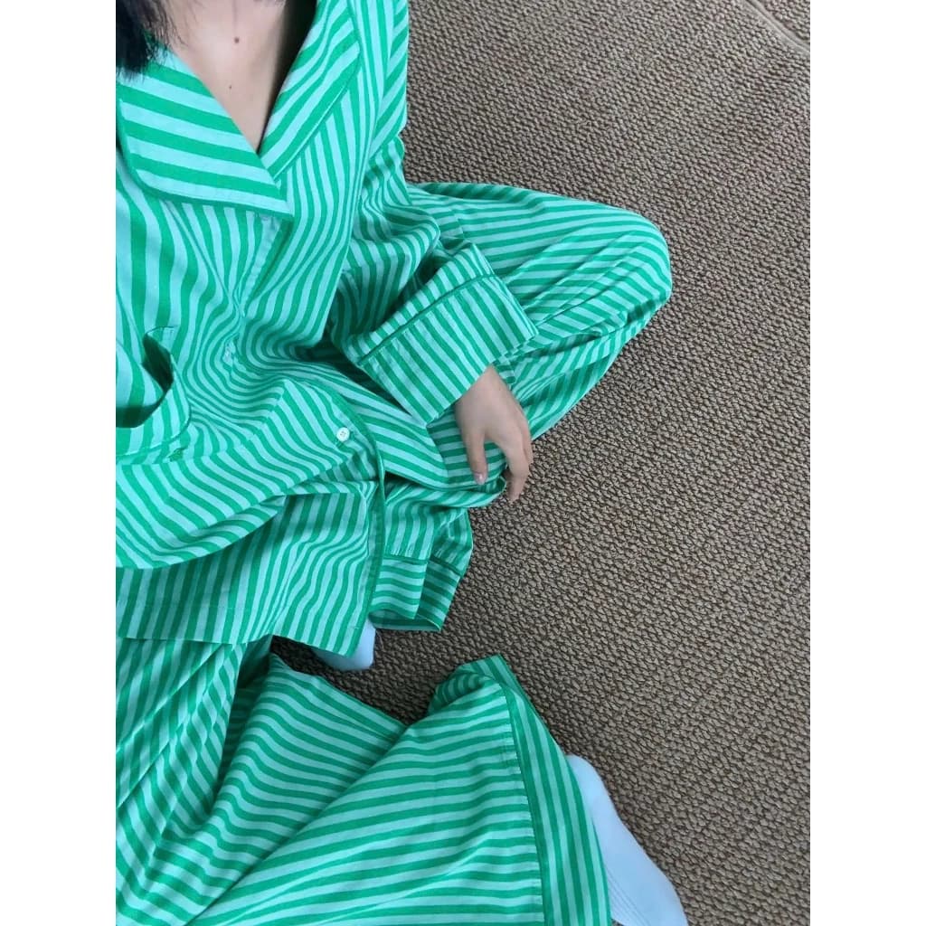 Bộ Pijama Đũi Mây Sọc Xanh Mint , Đồ Ngủ Nữ Dài Tay Bông Mây Hàn Quốc Cao Cấp Mềm Mịn