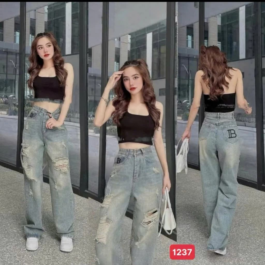 Quần baggy nữ ống rộng, quần jean nữ chất cottong quần bò nữ cạp cao nhiều mẫu Bi shop173 ms052