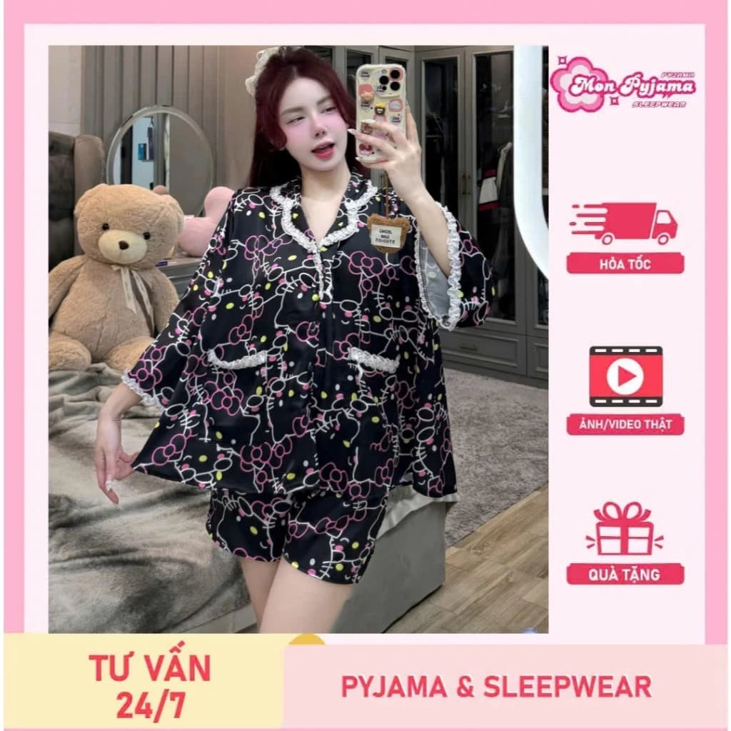 Đồ ngủ dễ thương,đồ ngủ lụa lạnh cao cấp,set đồ ngủ nữ,bộ ngủ tiểu thư,pijama đùi cute viền ren [41]
