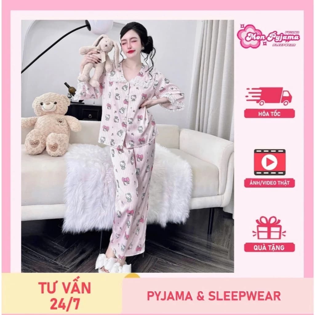 Đồ bộ mặc nhà nữ dễ thương, đồ ngủ tiểu thư, pijama lụa latin ren họa tiết hoạt hình dễ thương [46].