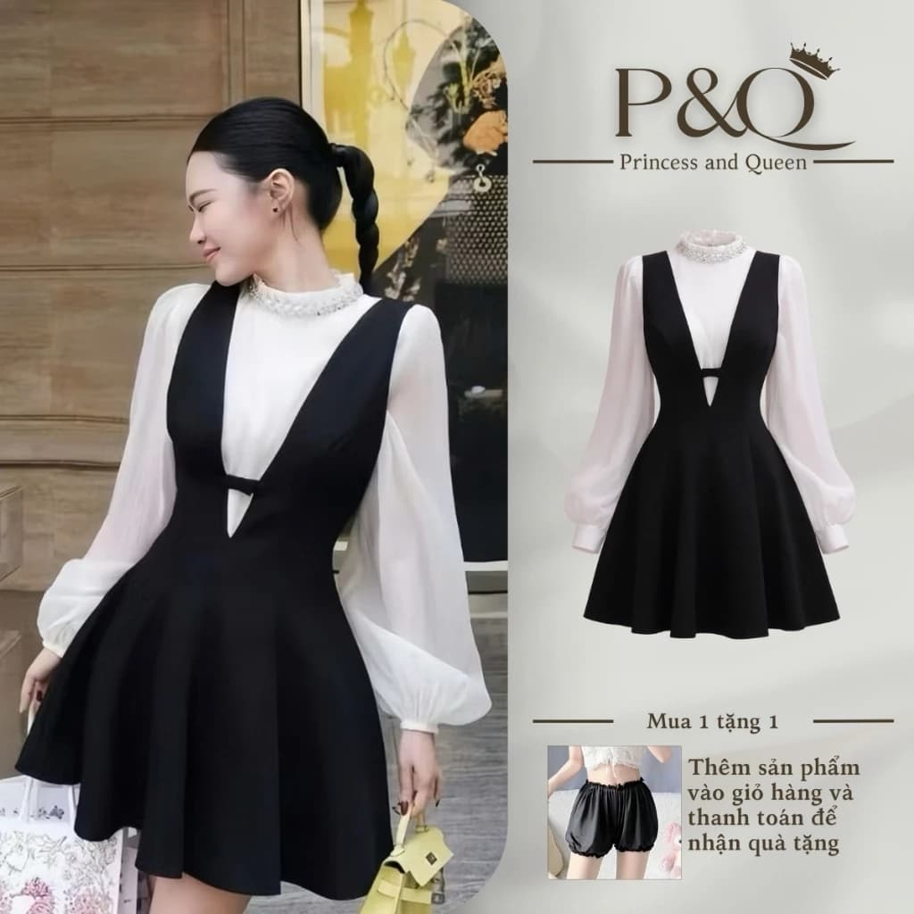 Đầm xòe nữ P&Q phối màu đen trắng cùng áo tay dài cổ trụ phong cách tiểu thư thanh lịch | vd0067