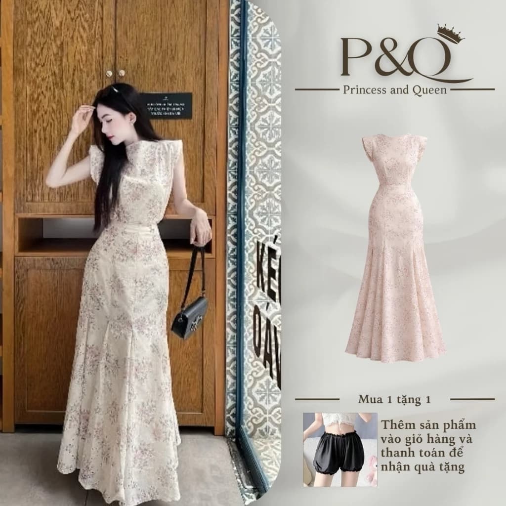 Set váy nữ P&Q áo phối váy maxi công sở dự tiệc dạo phố vải xô thêu đục lỗ cổ thuyền có bigsize | set0013
