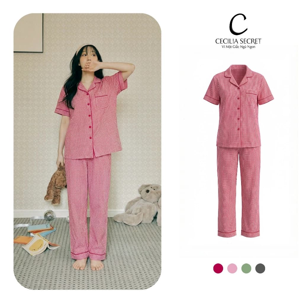 Pijama Nữ Mặc Nhà CECILIA SECRET Kẻ Caro Áo Cộc Tay Quần Dài Chất Lụa Đũi Mềm