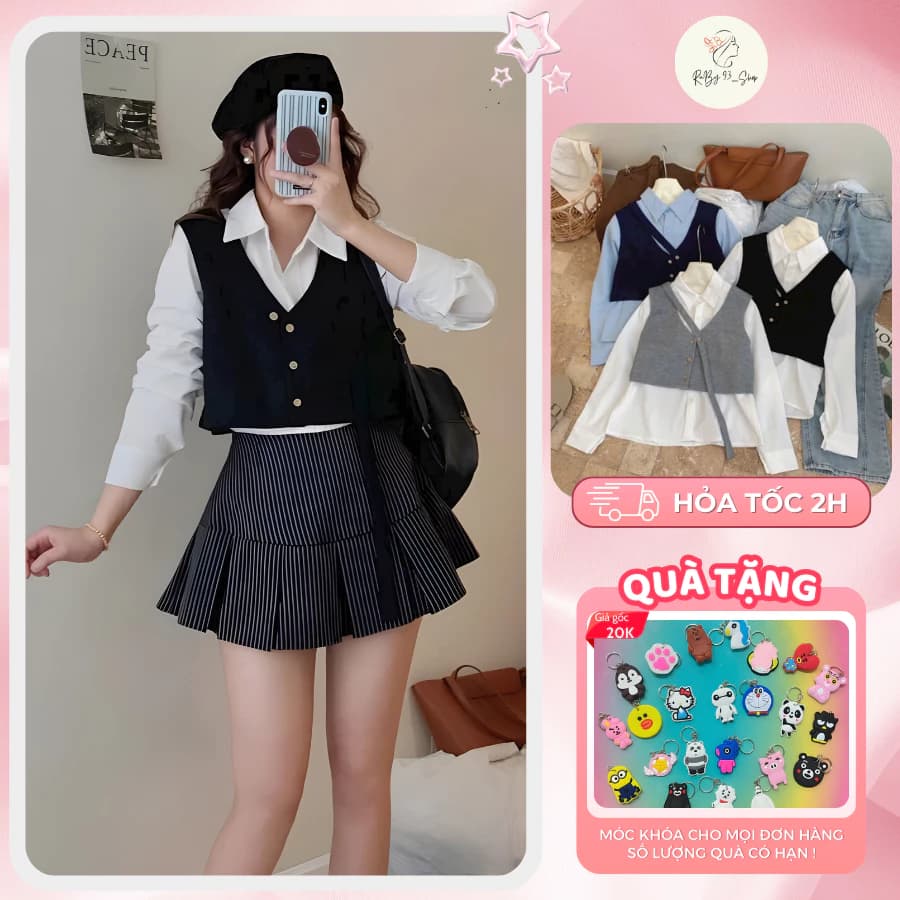 Áo Sơ Mi Trắng Kèm Gile Cổ Chữ V Dáng Ngắn phối dây cổ ANNA HOUSE croptop phối sơ mi dài tay