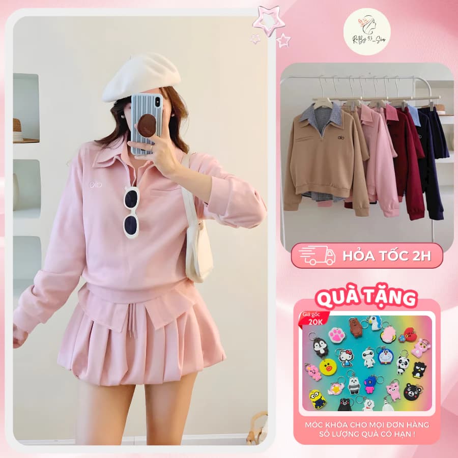 Set nỉ nữ 3 món phối áo sơ mi kẻ rời kèm chân váy bí phong cách Hàn Quốc trẻ trung ANNA