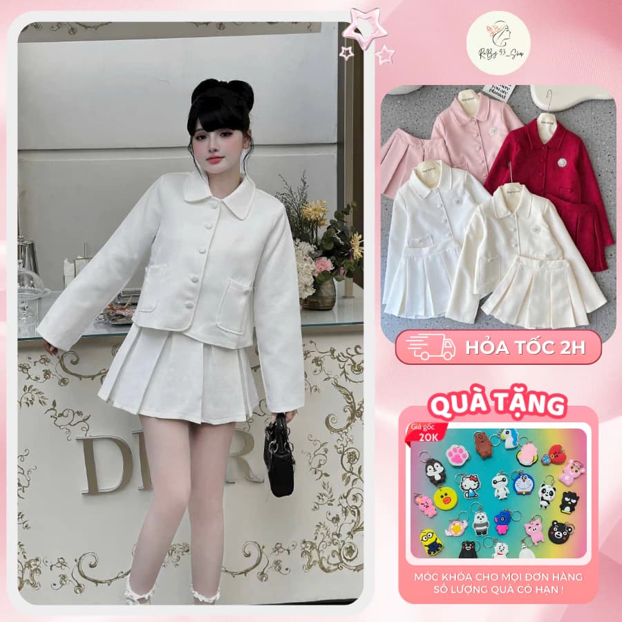 Set dạ cúc bọc kèm chân váy ngắn xếp ly xinh xắn tôn dáng, set dạ nữ