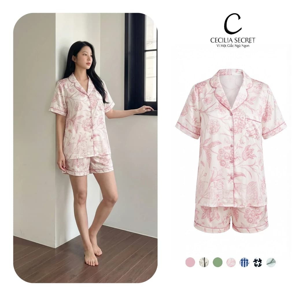 Đồ Bộ Pijama Mặc Nhà Tay Ngắn Quần Ngắn Chất Liệu Lụa Pháp CECILIA