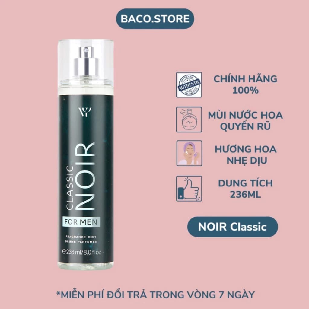 body mist, Xịt thơm cho nam NOIR Classic 236ml Sang trọng, Thanh mát, quyến rũ