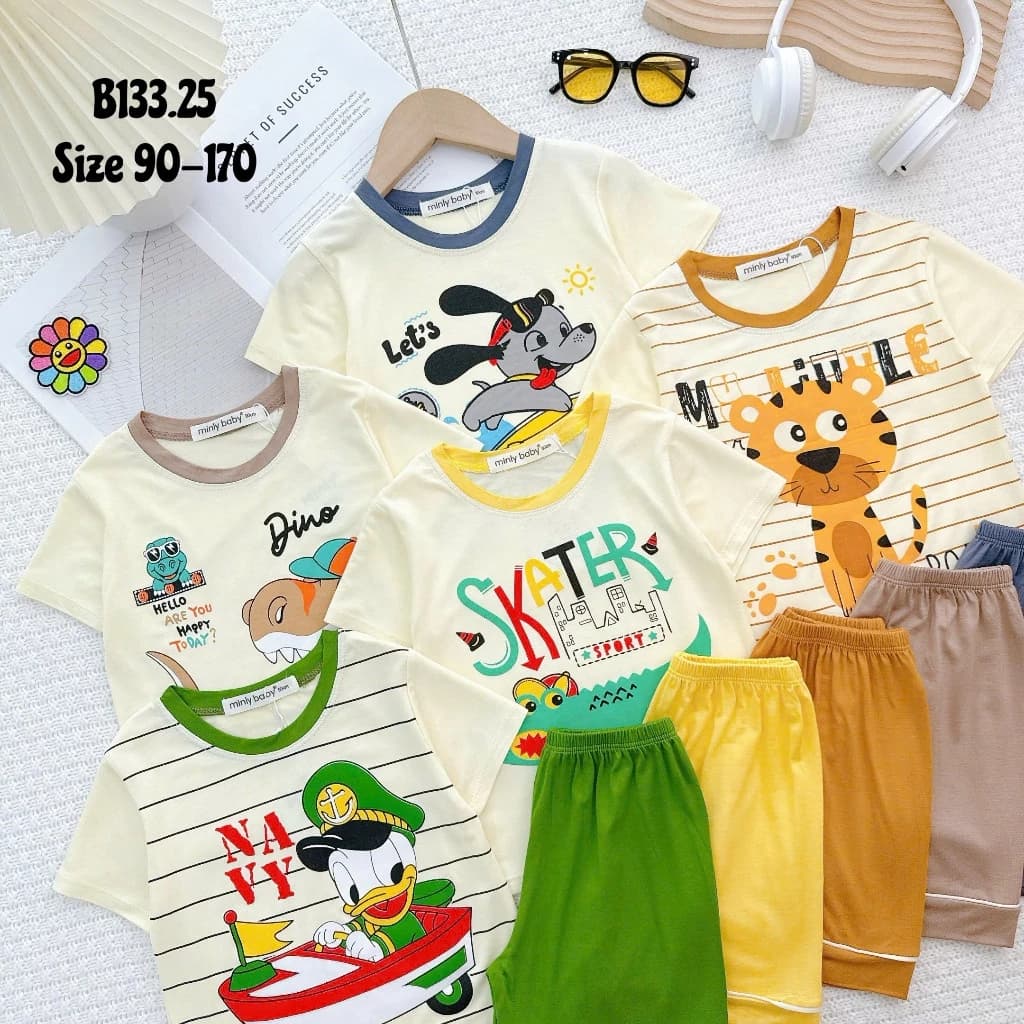 C8 - Bộ cộc tay bé trai - com bo 3 - 5 bộ cộc tay thun lạnh cho bé trai bé gái 5-15kg