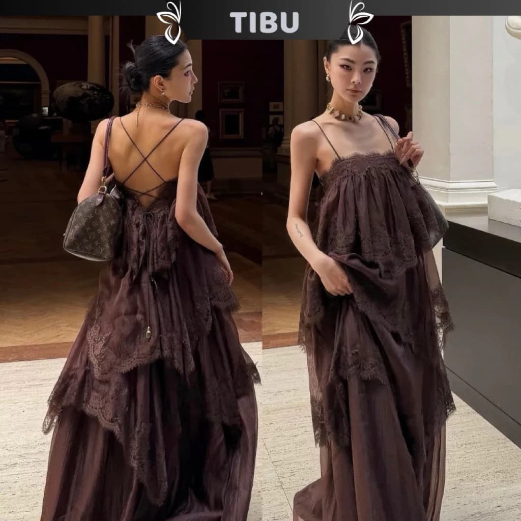 TIBU - Đầm Maxi Hai Dây Dáng Xoè Tầng Phối Ren Sang Chảnh Hở Lưng Đi Chơi Biển Dạo Phố D707