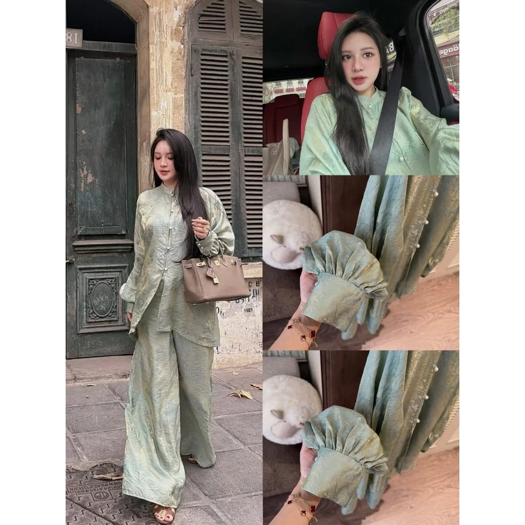 lyn- SET PHÁP PHỤC XANH RÊU ĐẬM MIX QUẦN SUÔNG CAO CẤP KIMANHBUI REMAKE