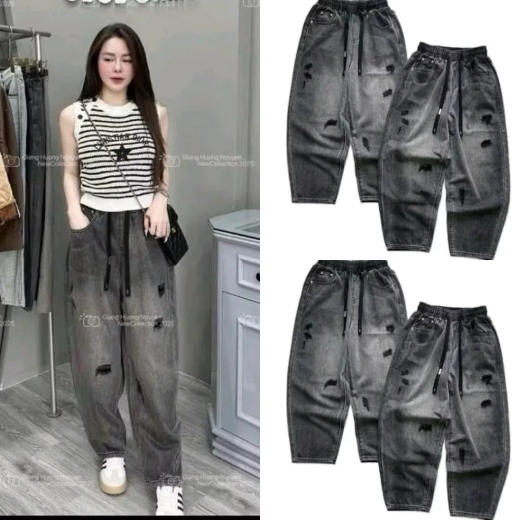 [Mẫu Mới ]Quần baggy màu đen xám phối rách cạp chun có dây rút mặc hách dáng