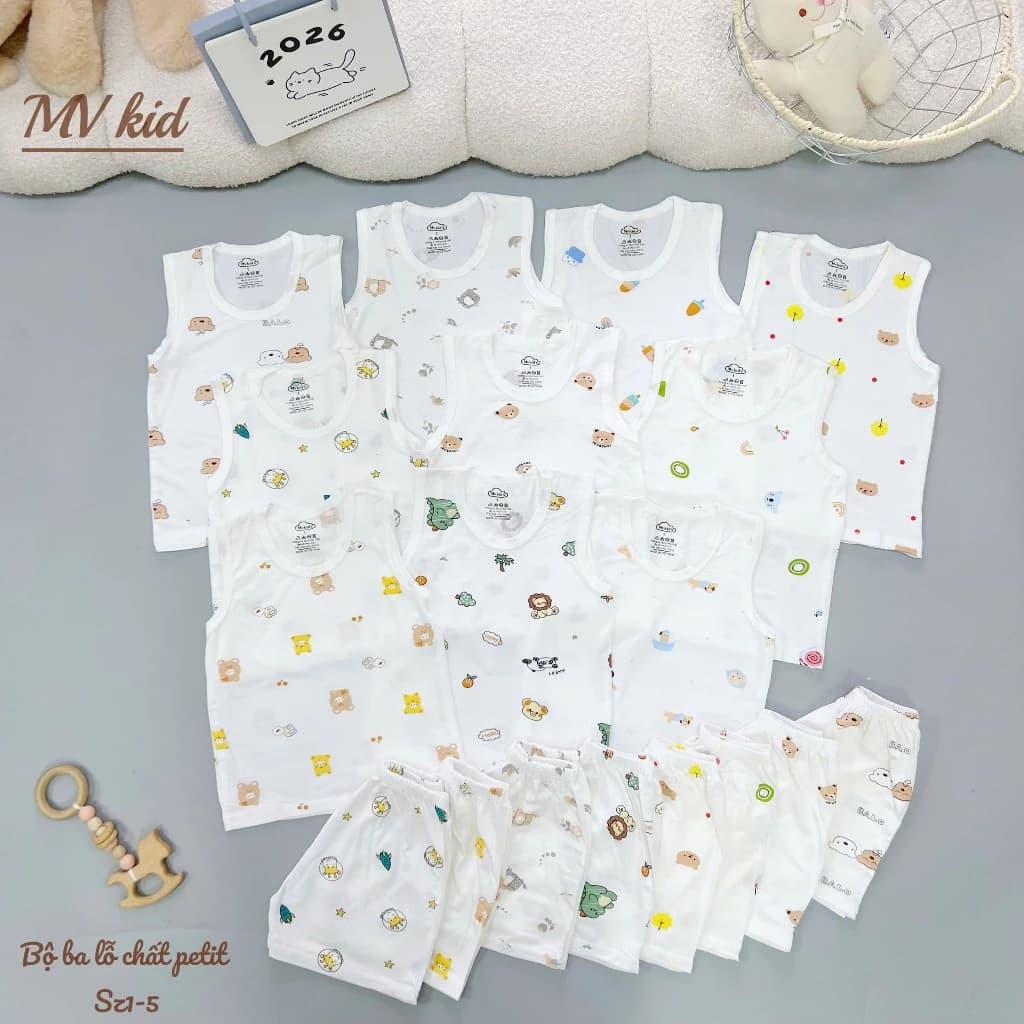 Set 3-5 Bộ ba lỗ mùa hè chất thun peptit mềm mại thoáng mát nền trắng in họa tiết cho bé từ 3-13kg