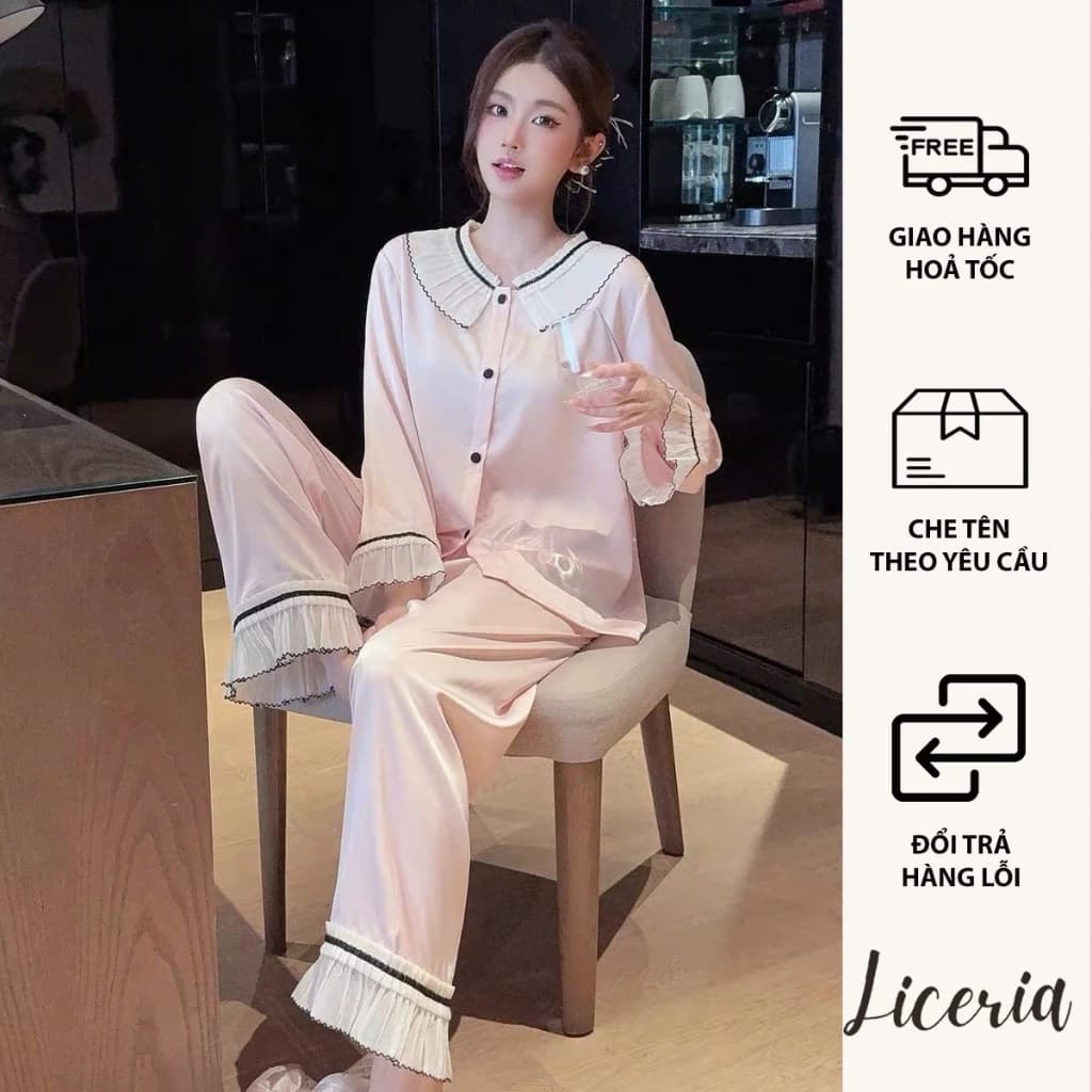 Bộ Đồ Ngủ Dài Tay LICERIA Chất Lụa Băng Cổ Xếp Ly Sang Trọng Và Tinh Tế Phong Cách Ngọt Ngào Và Thanh Lịch.