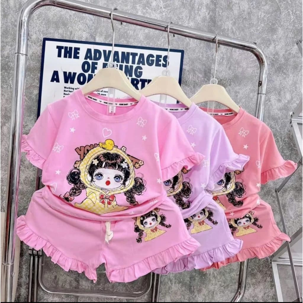 Bộ quần áo ngắn tay bé gái thiết kế tay bèo dễ thương 9-35kg (ms 45)