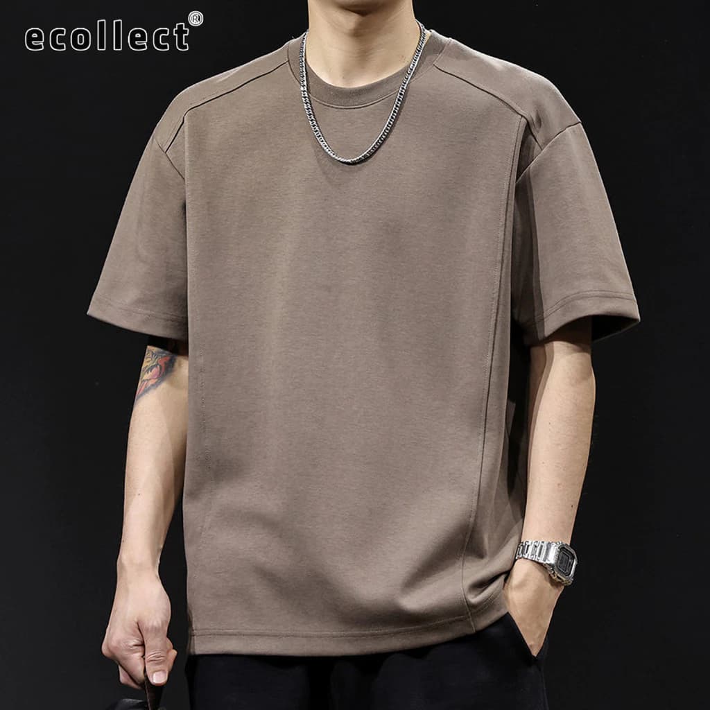 Áo thun nam ngắn tay ECOLLECT CT02 phom rộng phối đường may tối giản, vải cotton pha polyester thoáng mát, áo phông basi