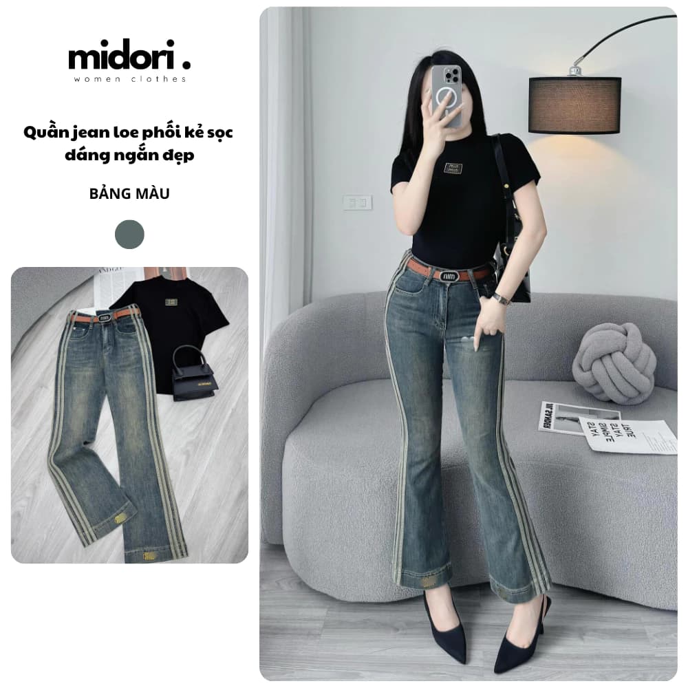 Quần Jean Nữ Ống Loe Dài 90cm Cạp Cao, Quần Bò Jean Loe Hach Dáng Phỗi Sọc Midori Shop SS15